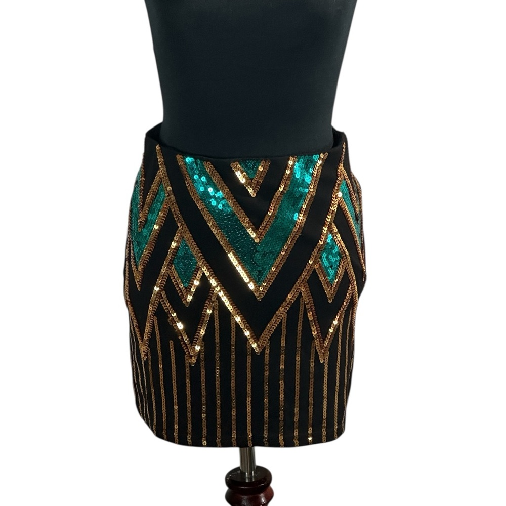 Fashion Nova Black and Gold Sequin Mini Skirt, Teal Blue ,Party Club